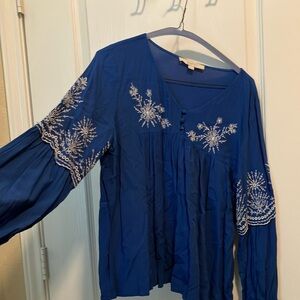 LOFT Blue Long Sleeve Embellished Blouse